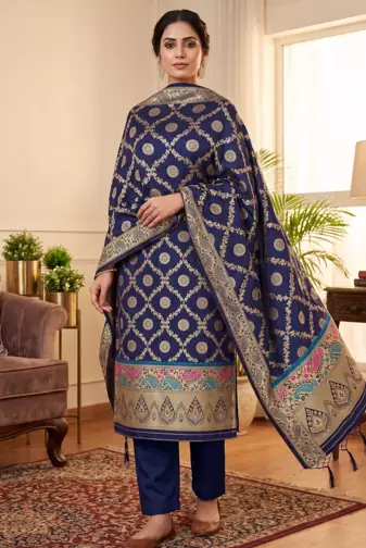 Blue soft banarasi silk zari woven design dress material