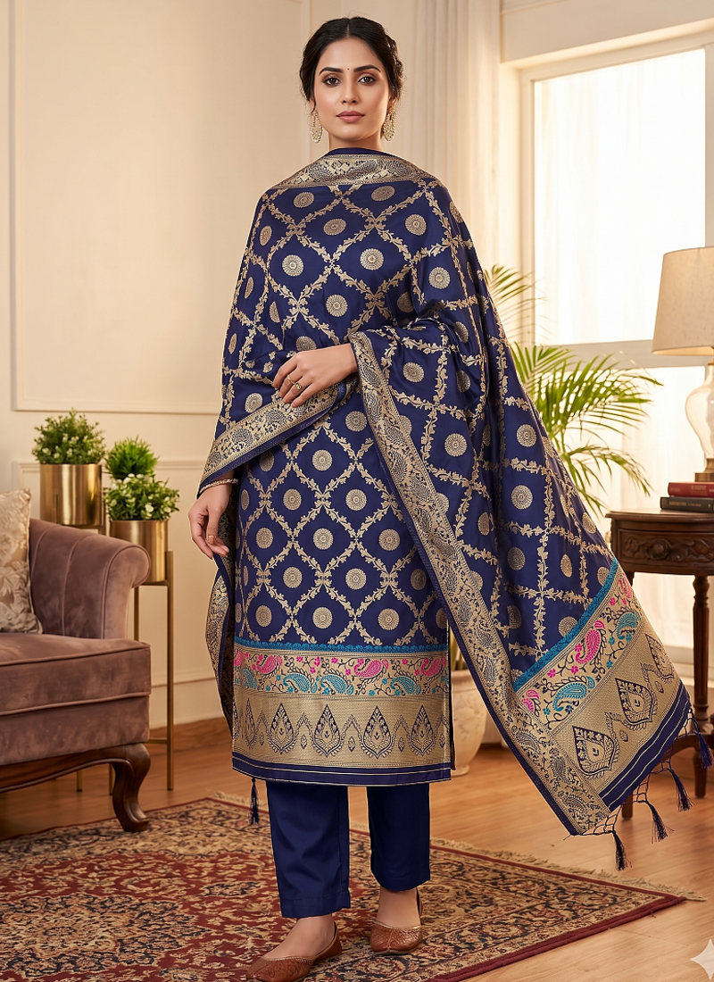 Blue soft banarasi silk zari woven design dress material