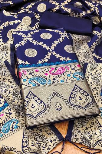 Blue soft banarasi silk zari woven design dress material