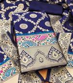 Blue soft banarasi silk zari woven design dress material