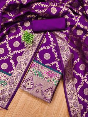 Purple soft banarasi silk zari woven design dress material 2