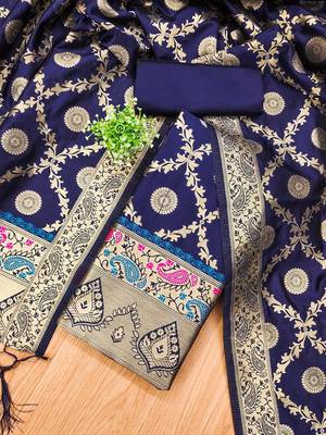 Blue soft banarasi silk zari woven design dress material 2