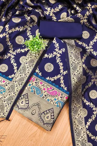Blue soft banarasi silk zari woven design dress material