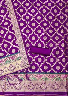 Purple soft banarasi silk zari woven design dress material 4