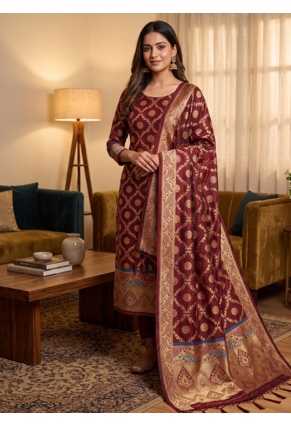 Maroon soft banarasi silk zari woven design dress material 1