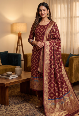 Maroon soft banarasi silk zari woven design dress material