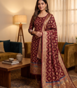 Maroon soft banarasi silk zari woven design dress material