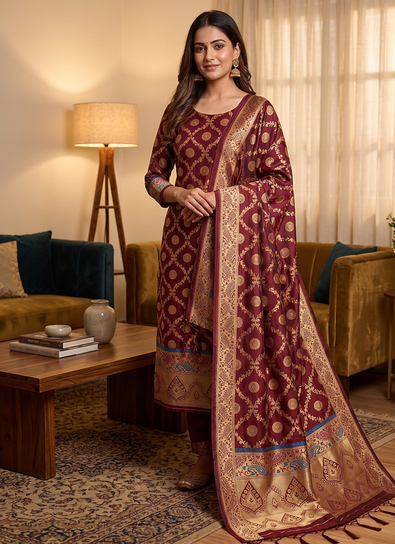 Maroon soft banarasi silk zari woven design dress material