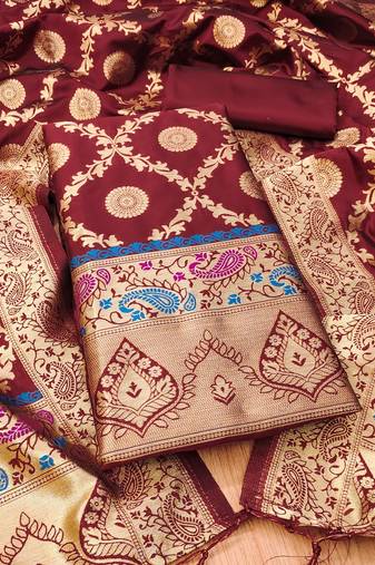 Maroon soft banarasi silk zari woven design dress material