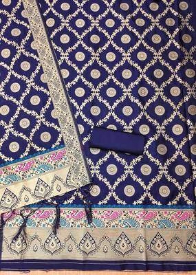 Blue soft banarasi silk zari woven design dress material 4