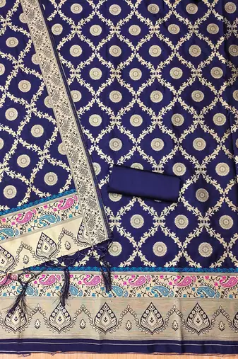 Blue soft banarasi silk zari woven design dress material