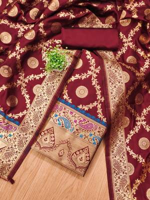 Maroon soft banarasi silk zari woven design dress material 2