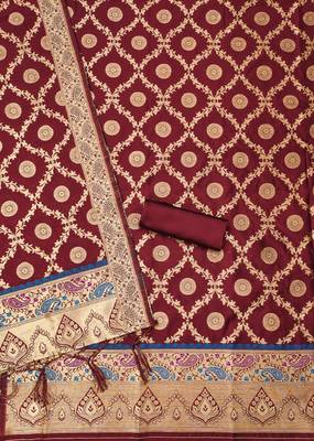 Maroon soft banarasi silk zari woven design dress material 4