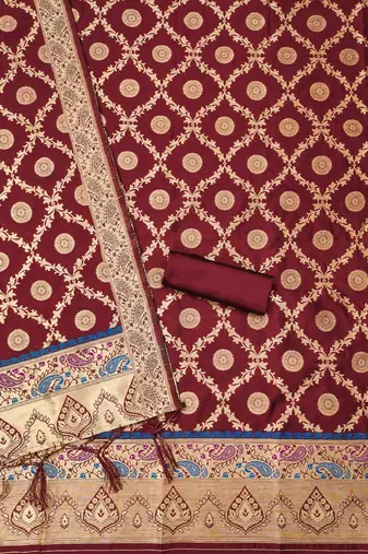Maroon soft banarasi silk zari woven design dress material