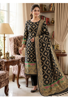 Black soft banarasi silk zari woven design dress material 1