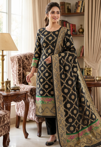 Black soft banarasi silk zari woven design dress material
