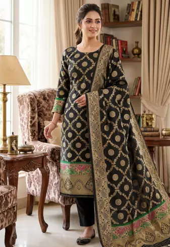 Black soft banarasi silk zari woven design dress material