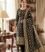 Black soft banarasi silk zari woven design dress material