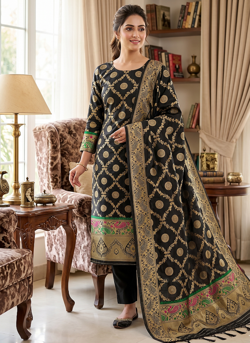 Black soft banarasi silk zari woven design dress material