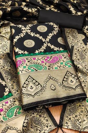 Black soft banarasi silk zari woven design dress material