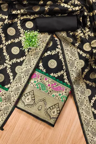 Black soft banarasi silk zari woven design dress material