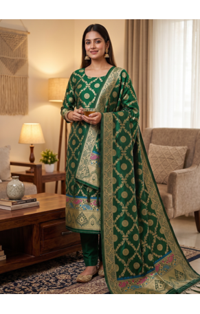 Green soft banarasi silk zari woven design dress material 1