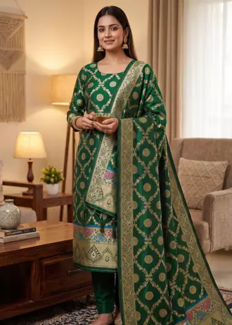 Green soft banarasi silk zari woven design dress material