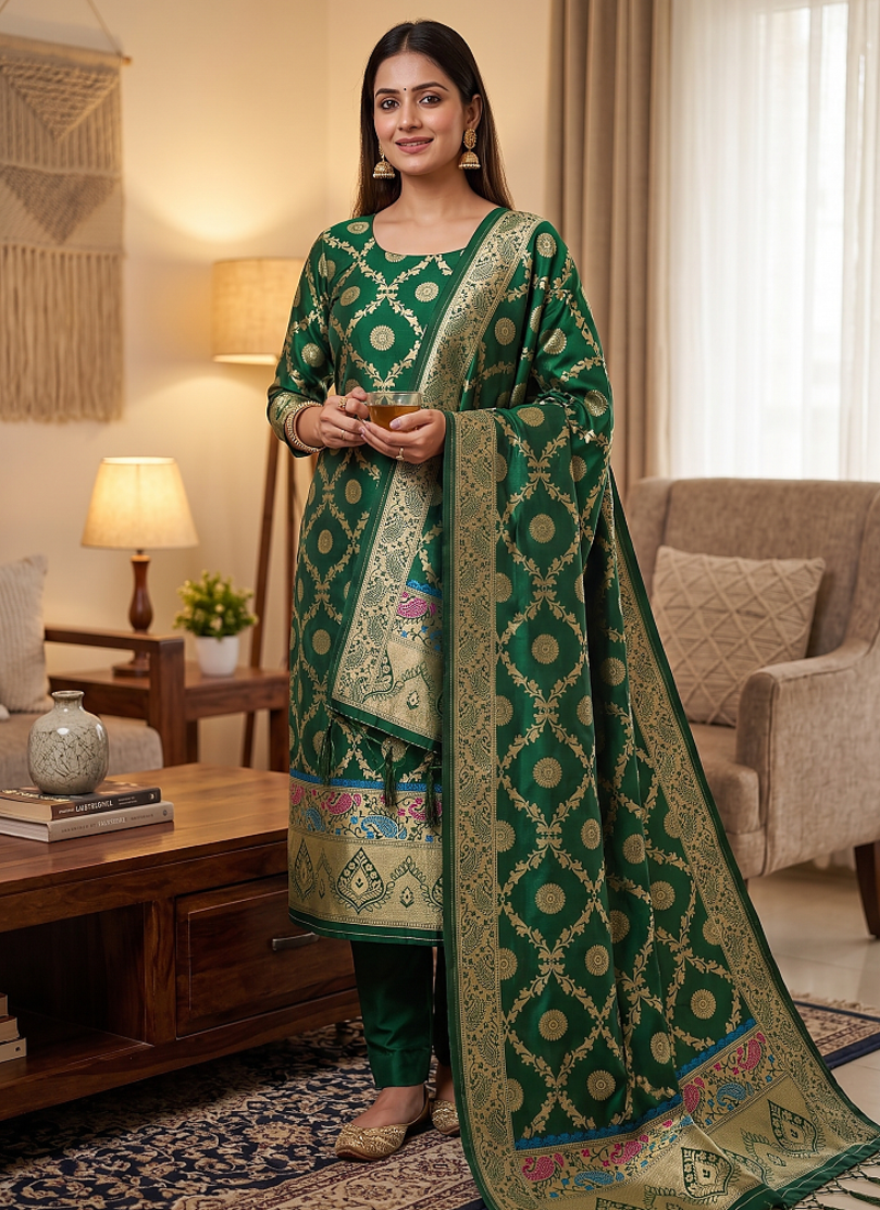 Green soft banarasi silk zari woven design dress material