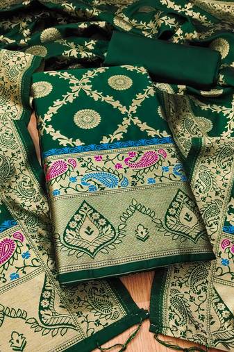 Green soft banarasi silk zari woven design dress material