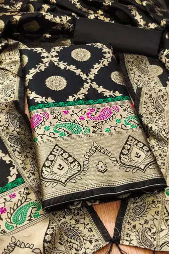 Black soft banarasi silk zari woven design dress material