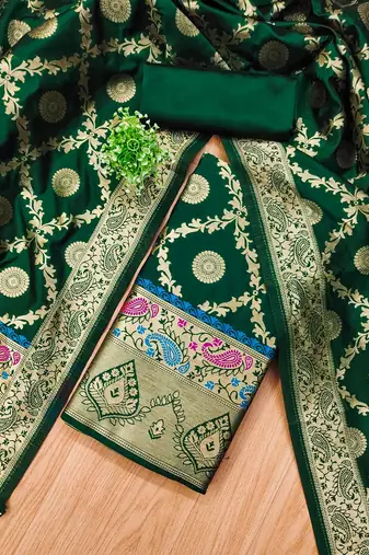 Green soft banarasi silk zari woven design dress material