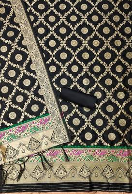 Black soft banarasi silk zari woven design dress material 4