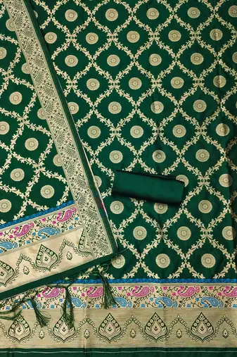 Green soft banarasi silk zari woven design dress material