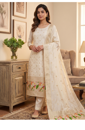 White soft banarasi silk zari woven design dress material 1