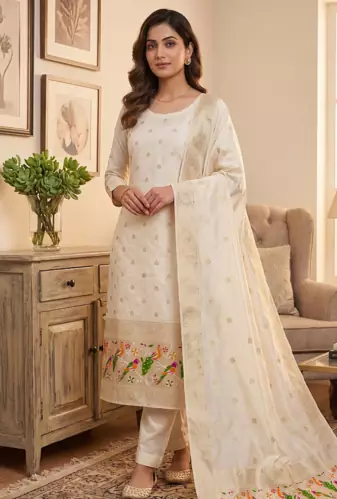 White soft banarasi silk zari woven design dress material