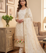 White soft banarasi silk zari woven design dress material