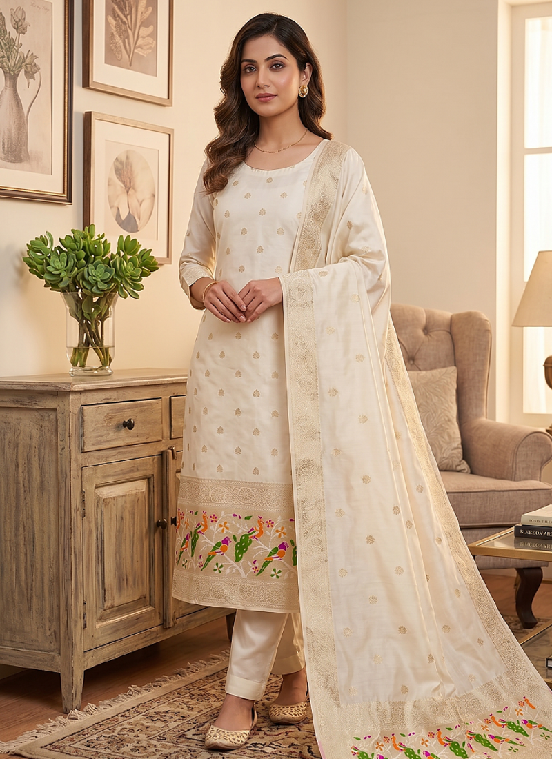 White soft banarasi silk zari woven design dress material