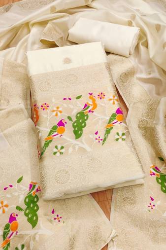 White soft banarasi silk zari woven design dress material
