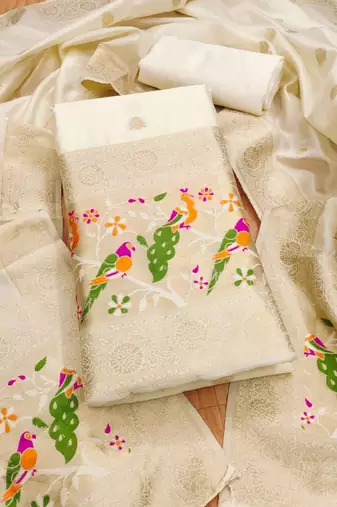 White soft banarasi silk zari woven design dress material