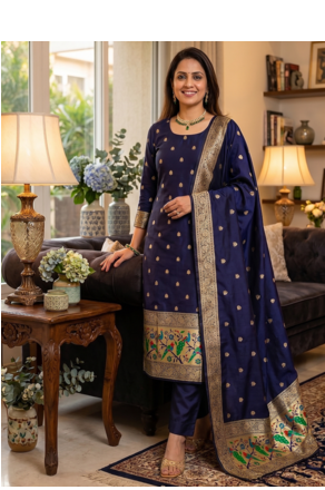 Blue soft banarasi silk zari woven design dress material 1