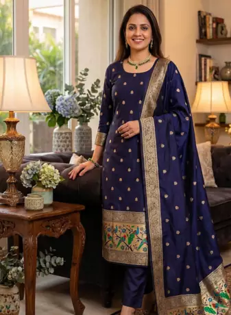 Blue soft banarasi silk zari woven design dress material