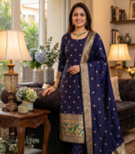 Blue soft banarasi silk zari woven design dress material