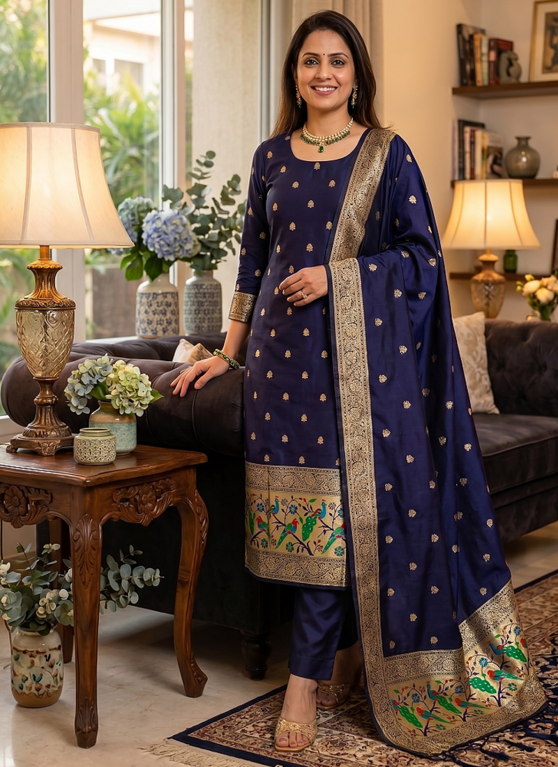 Blue soft banarasi silk zari woven design dress material