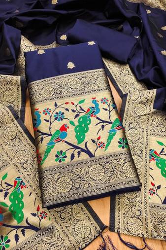 Blue soft banarasi silk zari woven design dress material