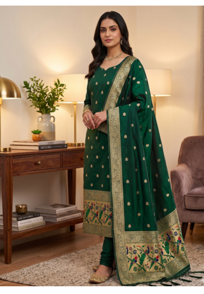 Green soft banarasi silk zari woven design dress material 1