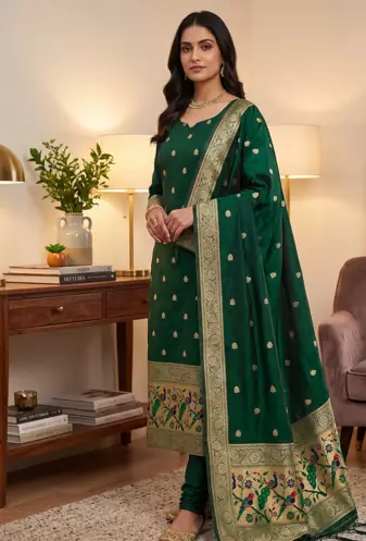 Green soft banarasi silk zari woven design dress material