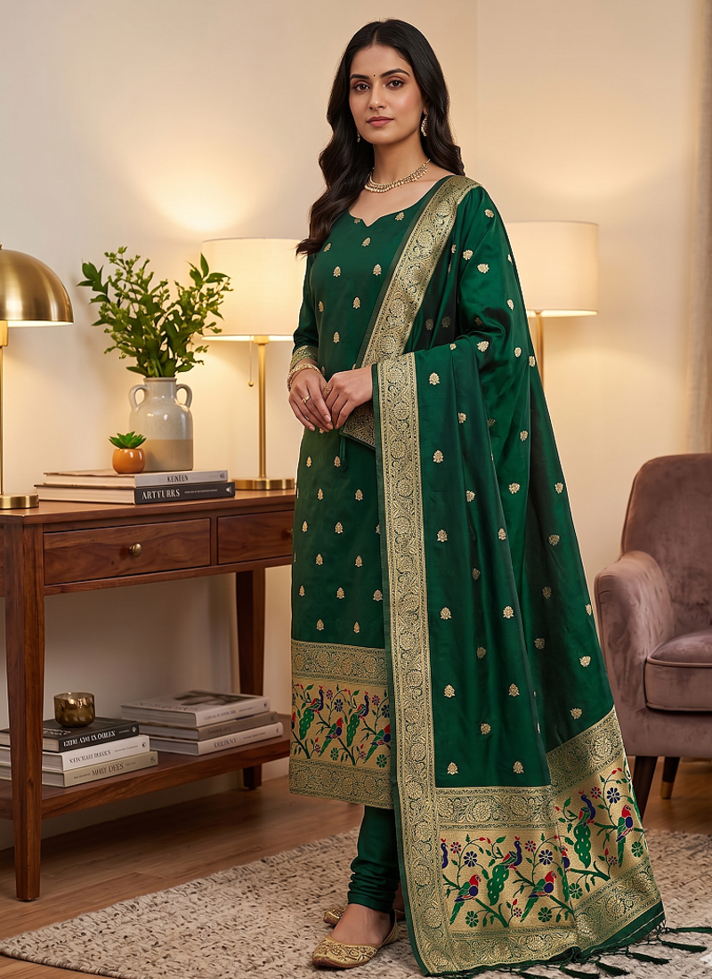Green soft banarasi silk zari woven design dress material