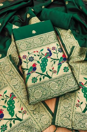 Green soft banarasi silk zari woven design dress material