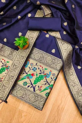 Blue soft banarasi silk zari woven design dress material