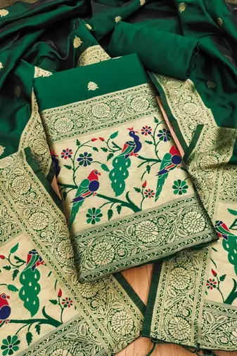 Green soft banarasi silk zari woven design dress material